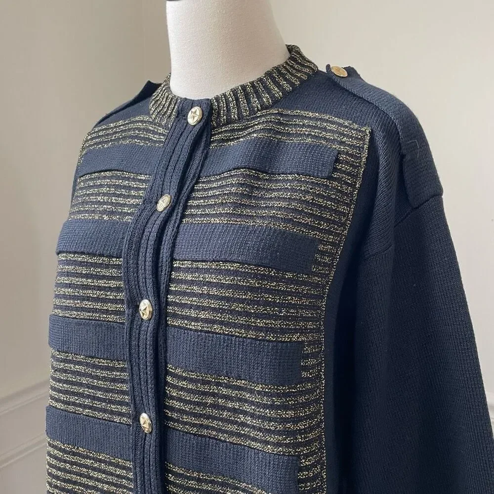 Barra of Italy Wool Blend Navy Blue Metallic Gold Military Style Button Cardigan